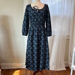 J. Crew Black Dress with Teal Pattern, Long Sleeve Maxi with Pockets Size 8 NWT